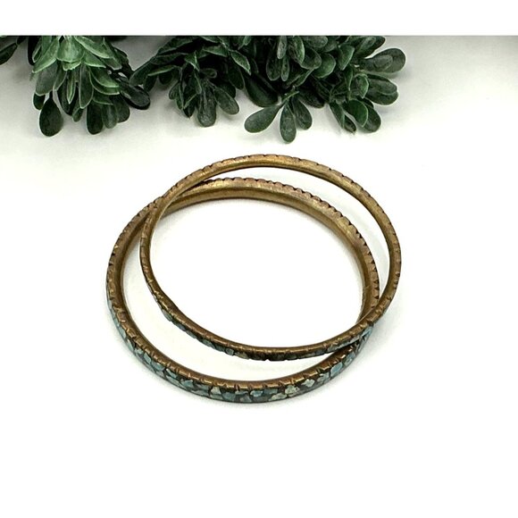 Vintage Brass and Turquoise Stone Inlay Bangle Bracelet Set - Picture 2 of 3